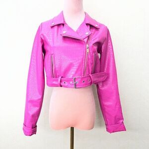 Forever 21 Pink Crocodile Embossed Faux Leather Biker Jacket Womens Size XS